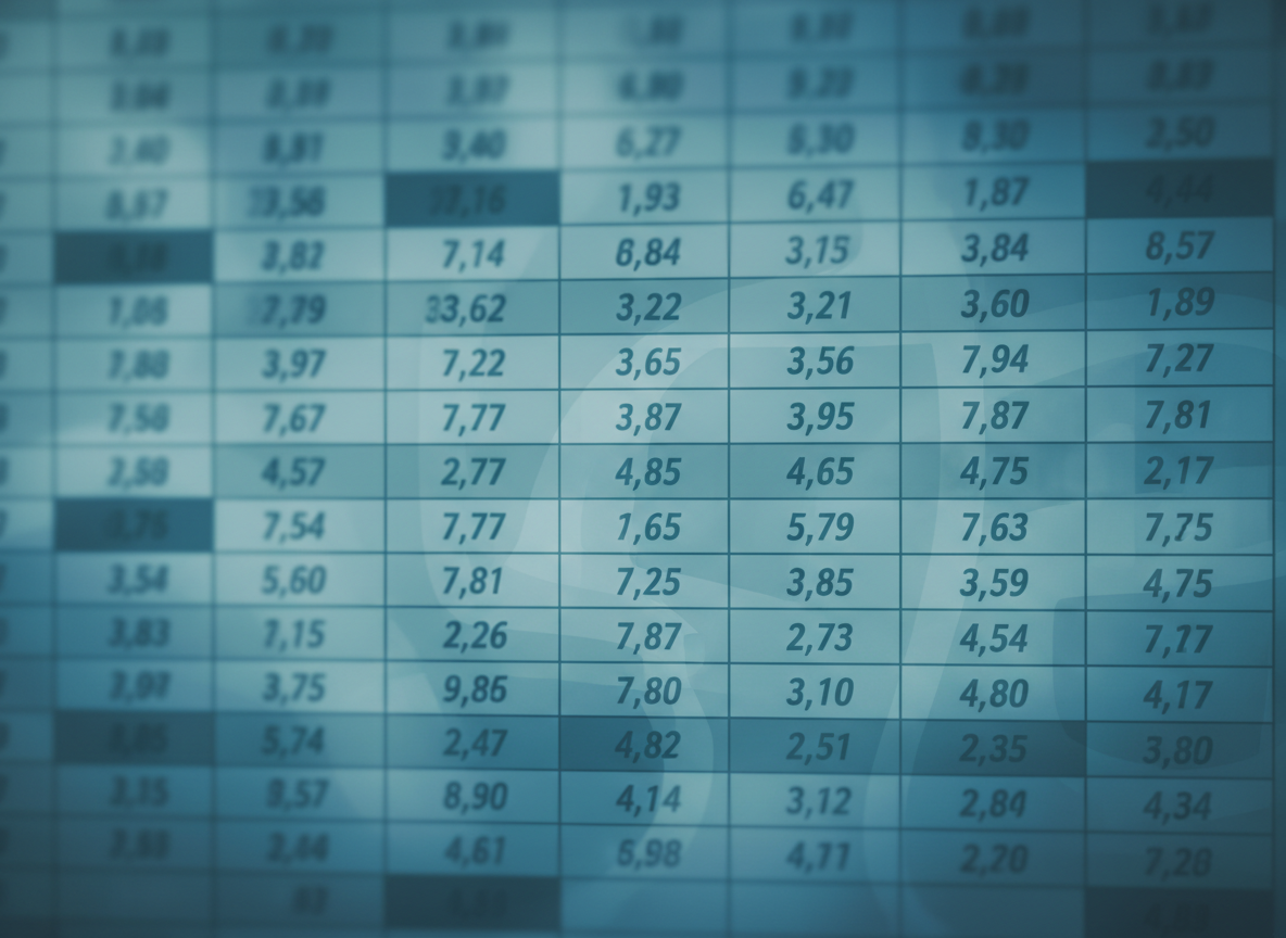 Subtle, blurry actuarial table graphic: out-of-focus grid of numbers in cool blues and teals, low contrast, abstract background